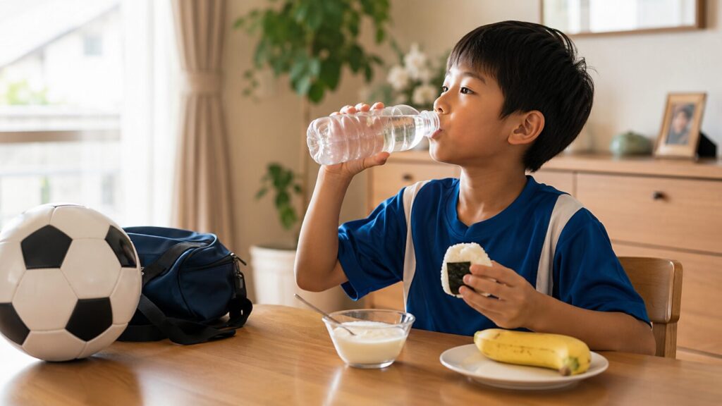 練習後のサッカー少年が食卓で水を飲み、おにぎりを手にし、ヨーグルトとバナナを補食として用意している