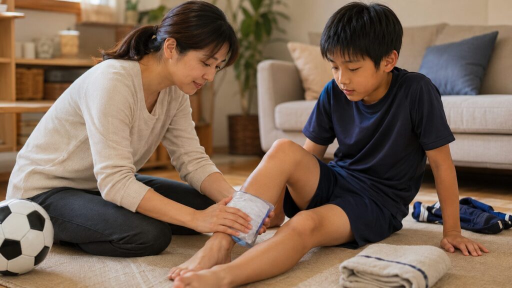 自宅の床に座る少年の足首付近へ、保護者が保冷剤を当てて状態を確認している