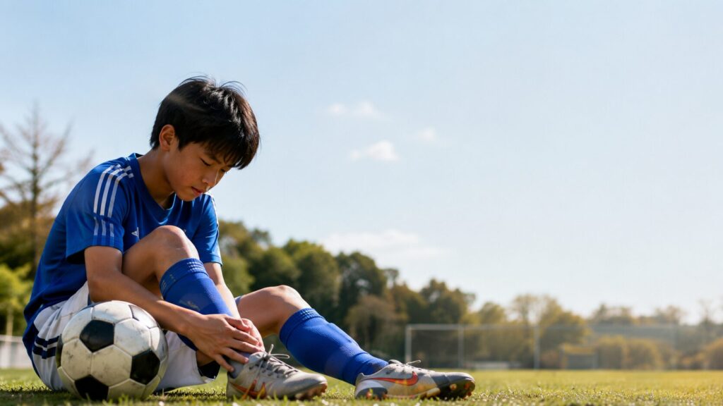 練習後のグラウンドで足首周辺を手で確認しながら座るサッカー少年とボール