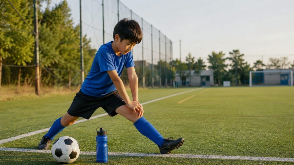 サッカー練習後のケアとして、ボールと水筒をそばに置き人工芝で脚を伸ばす少年