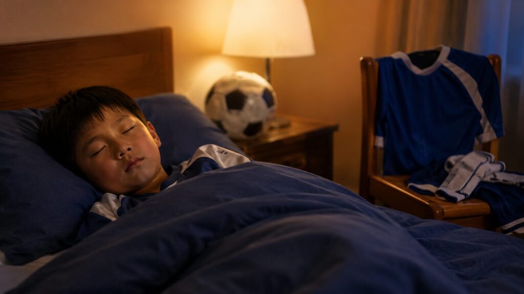 サッカーウェア姿の少年が夜の寝室で眠り、枕元にボール、椅子にユニフォームとソックスが置かれている