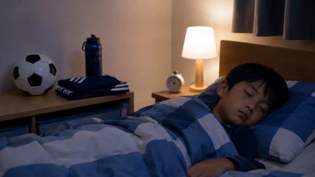 夜の寝室にサッカーボールと水筒、畳んだ練習着を置き、布団で眠る少年