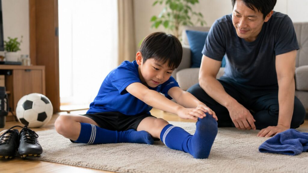 自宅の床でサッカー少年が片脚を伸ばして足先に手を添え、そばの成人男性がストレッチを見守っている