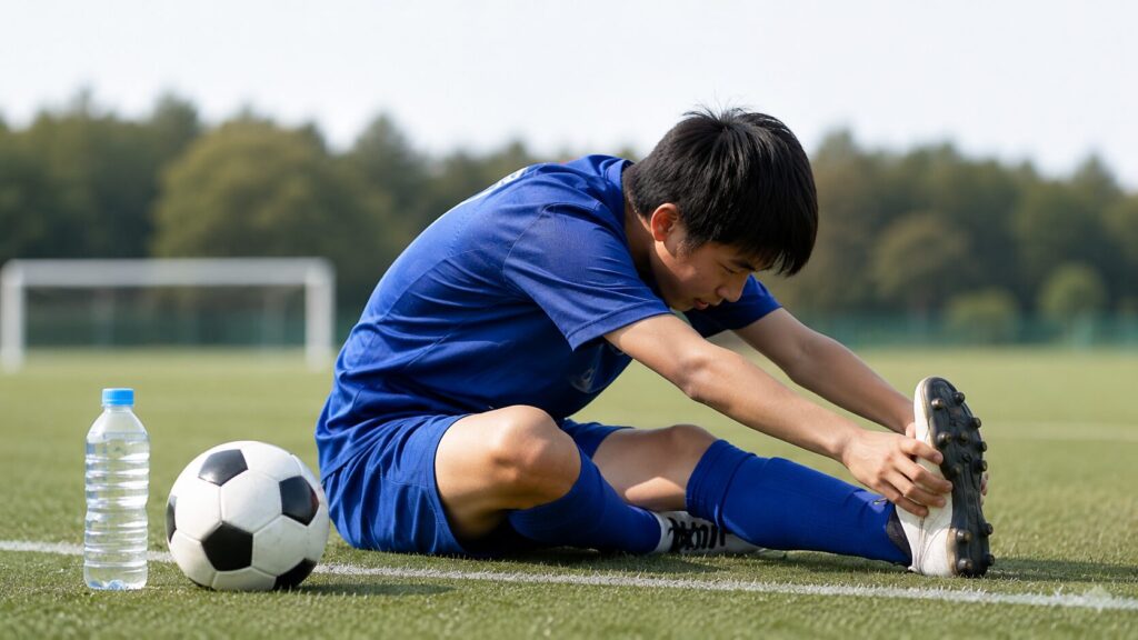 サッカー場で試合後に片脚を伸ばし、足先へ手を伸ばして静的ストレッチを行う選手