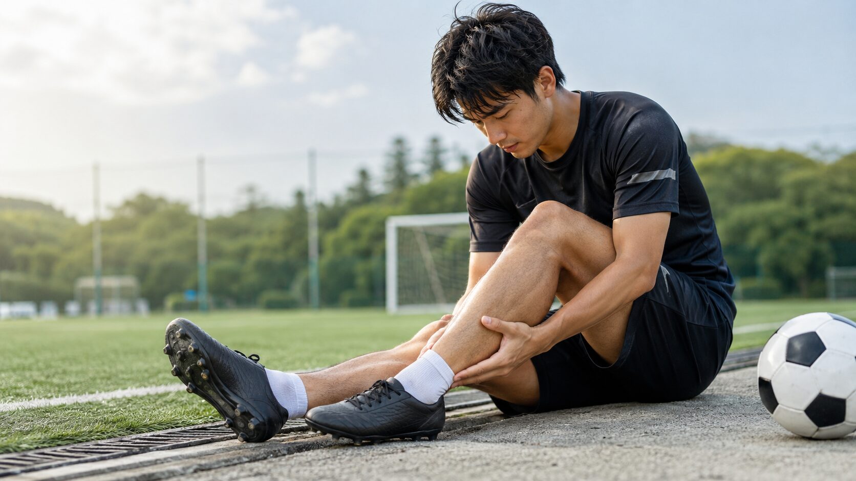 サッカー場の脇でボールを置き、練習後に座ってふくらはぎを両手で確かめる選手