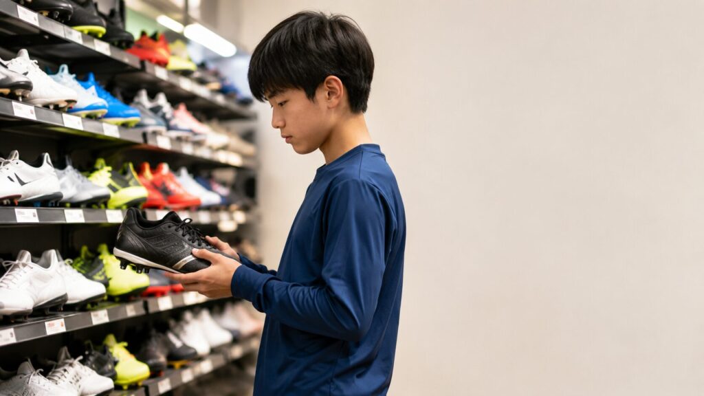 スポーツ用品店でサッカースパイクを手に取り形状や履き心地を確かめる少年