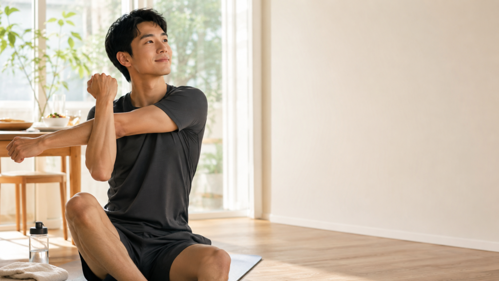 朝の室内でストレッチを行い、水やタオル、食事をそばに置いて回復後の身体を整える男性