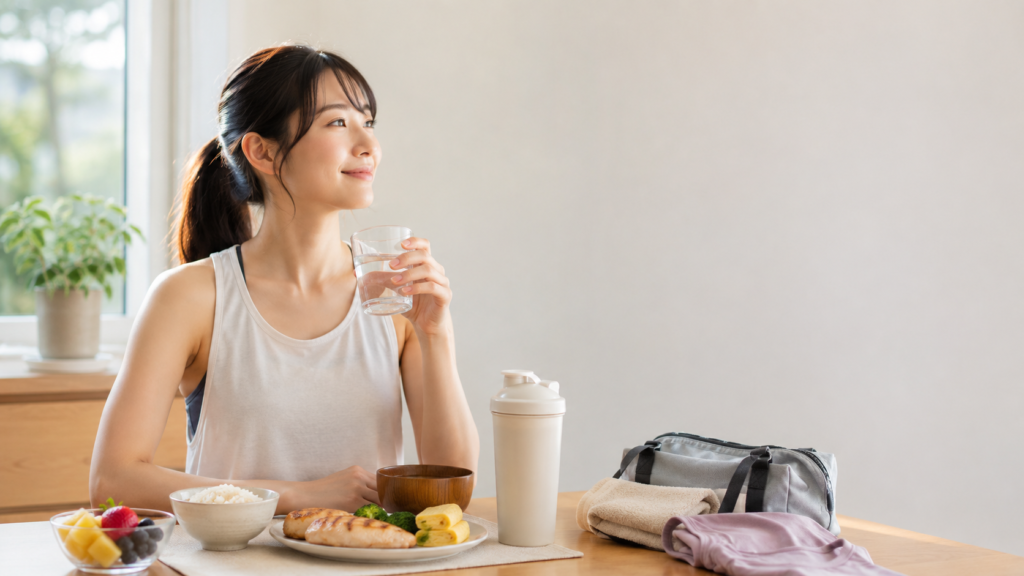 鶏肉や卵、白米、果物を含む朝食と運動用品を前に、水分を補給する女性