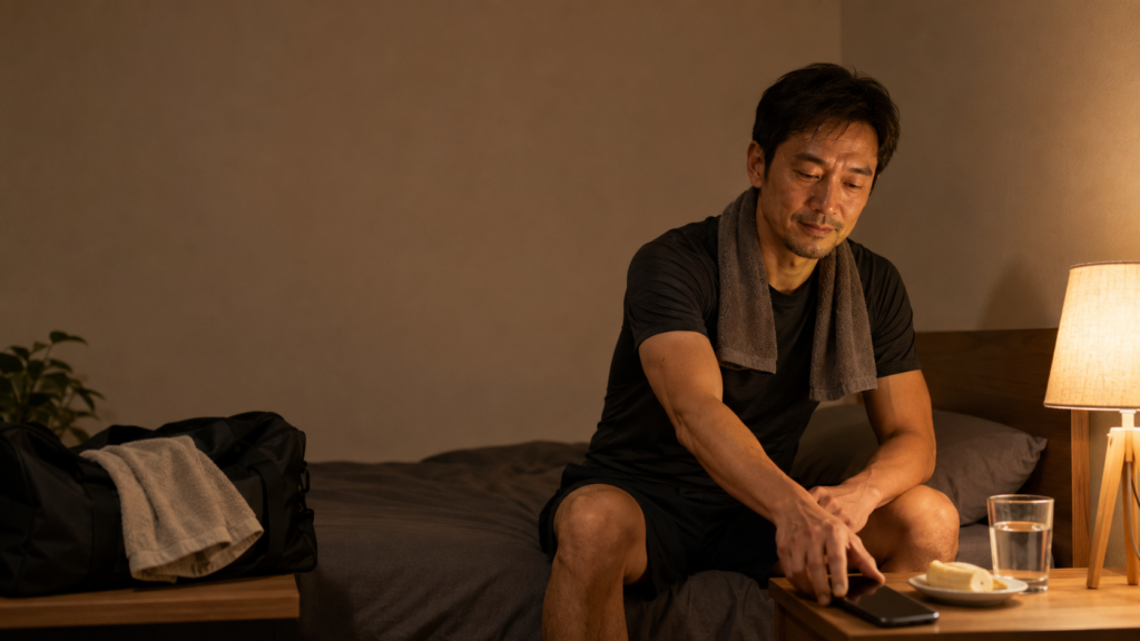 夜の寝室でトレーニング後の男性がスマートフォンを伏せ、水と軽食を置いて就寝前の休息をとる場面