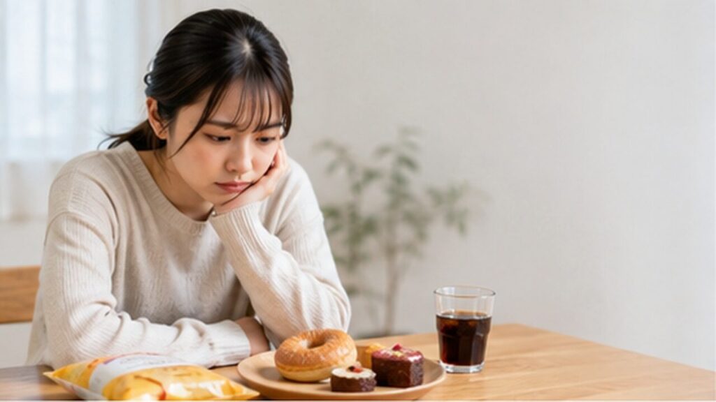 木製テーブルのドーナツやケーキ、甘い飲み物を前に、頬杖をついて見つめる女性