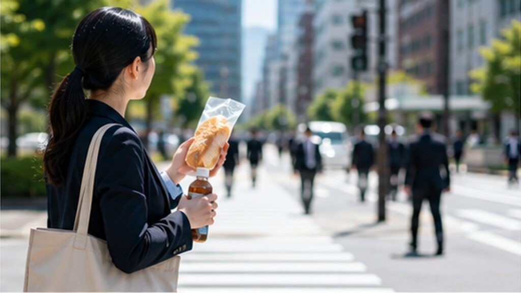 通勤途中の交差点で、袋入りのパンとペットボトル飲料を手に立つ女性と行き交う人々