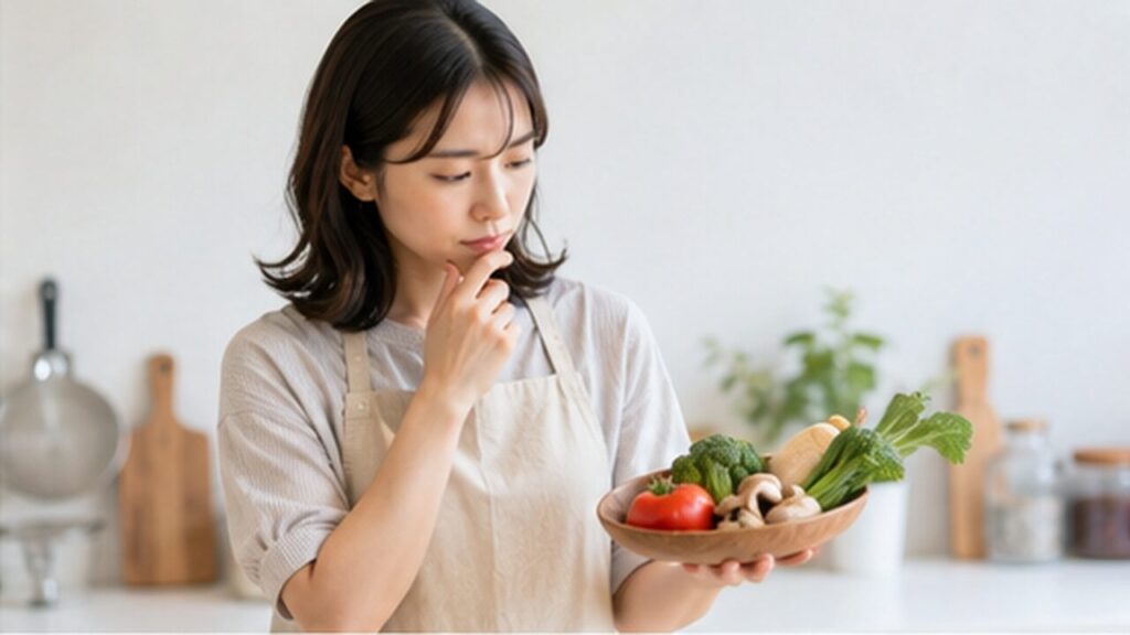 キッチンでブロッコリー、トマト、きのこなどの野菜を皿に載せて見比べる女性