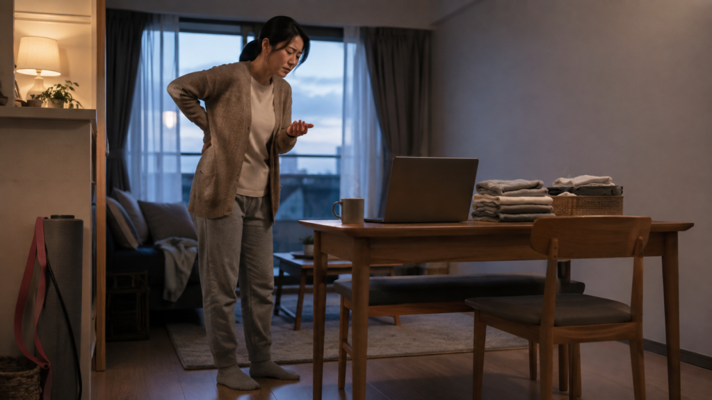 デスクワークや家事の合間に腰へ手を当て、使われていない運動器具が置かれた室内で体の不調を気にする女性