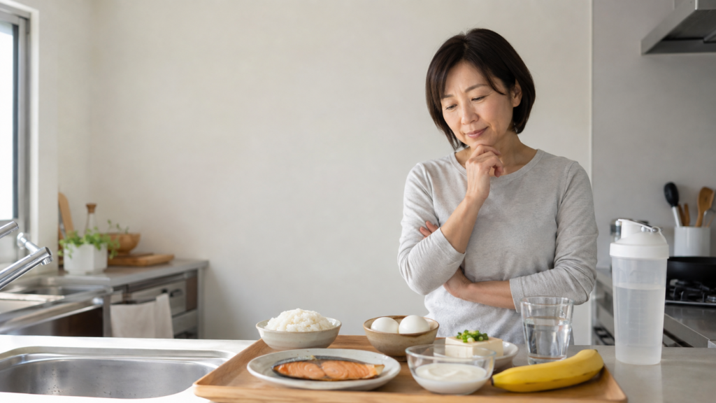 焼き魚や卵、豆腐、白米、ヨーグルトを前に、疲労回復を支える食事を確認する女性
