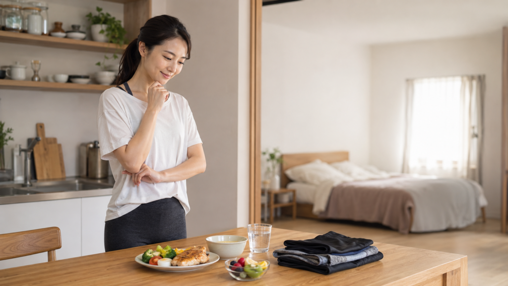 自宅の食卓に鶏肉や野菜、果物、水を並べ、奥の寝室を背景に食事と休息を見直す女性