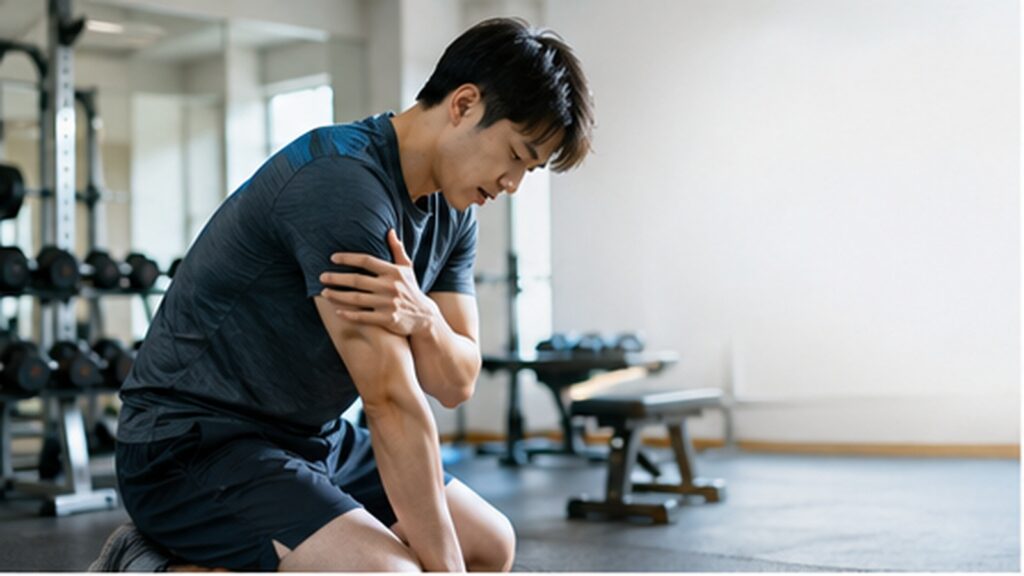 トレーニング器具のそばで上腕を押さえ、運動後の筋肉痛と回復状態を確かめる男性