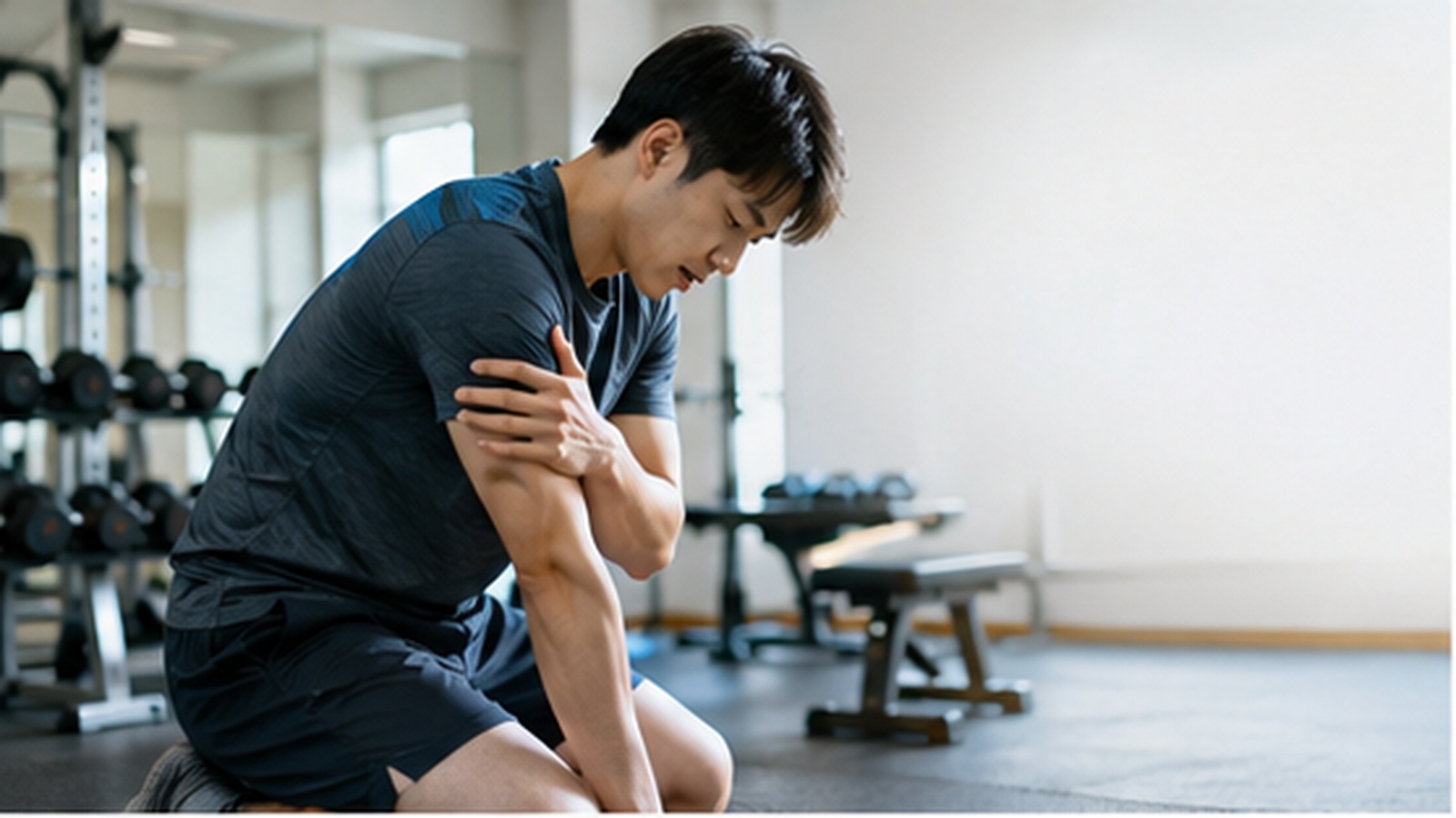 トレーニング器具のそばで上腕を押さえ、運動後の筋肉痛と回復状態を確かめる男性