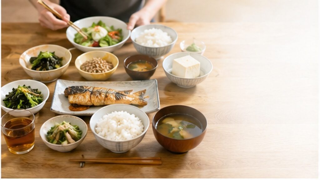 焼き魚、ご飯、豆腐、納豆、野菜、みそ汁を組み合わせた筋トレ後の栄養補給