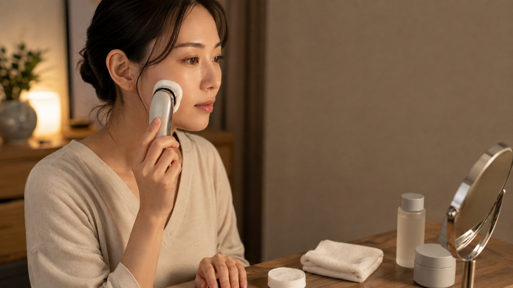 コットンを装着した美顔器を頬に当て、化粧水やタオルを用意して丁寧にケアする女性