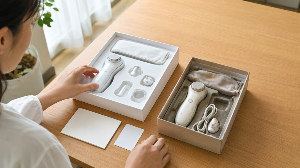 自宅のテーブルで、付属品がそろった美顔器セットと使用感のある中古品を見比べる場面