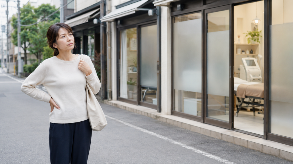 大和市の施術施設が並ぶ街中で、腰に手を添えながら店舗を見比べる女性