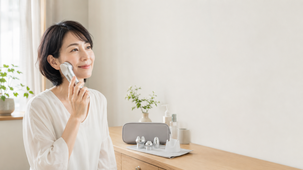明るい洗面・美容スペースで、付属アタッチメントを並べた美顔器を頬に当てて使用する女性
