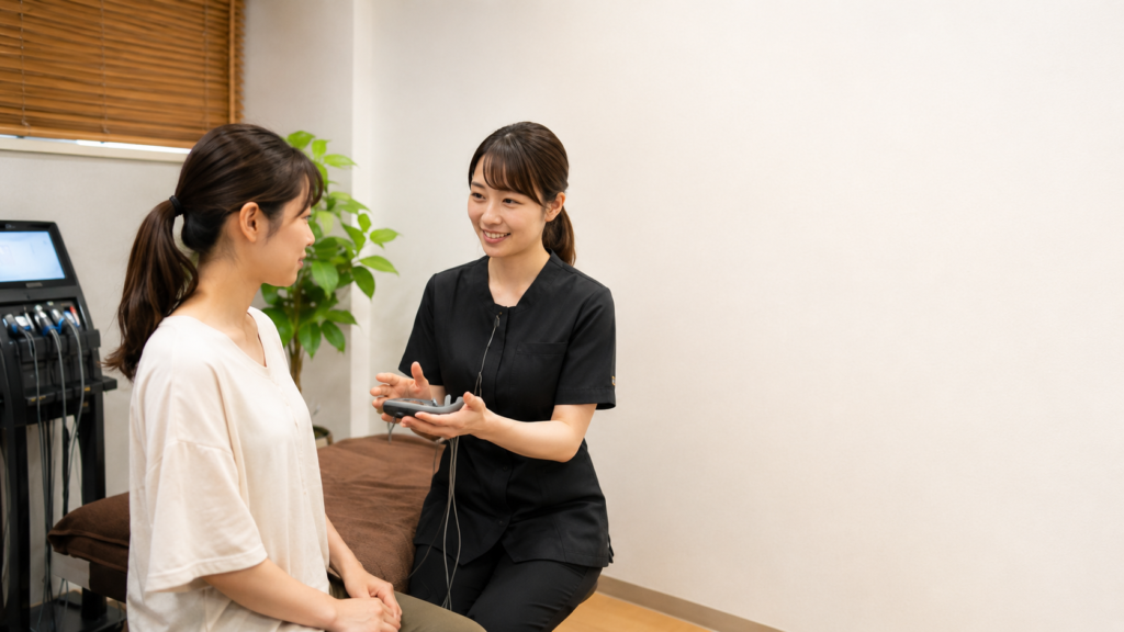 施術ベッドの横でEMS機器を手に説明するスタッフと、岩盤エクササイズ前に話を聞く女性