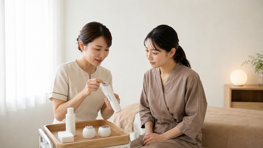 施術室で美顔器本体と複数のアタッチメントを手に取り、使い方を確認する2人の女性