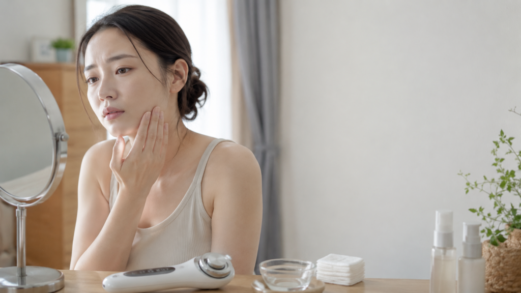 鏡で頬やフェイスラインを確認しながら、美顔器とコットンを前に使用を検討する女性