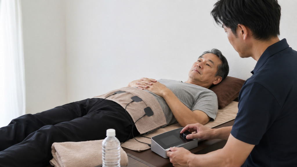 腹部にEMSパッドを装着し、スタッフが機器の刺激を調整しながら確認する男性