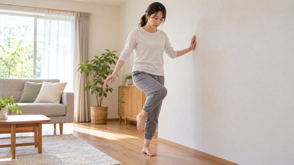 自宅の壁に指先を添えながら片脚立ちを行い、足首のバランスを慎重に確かめる女性