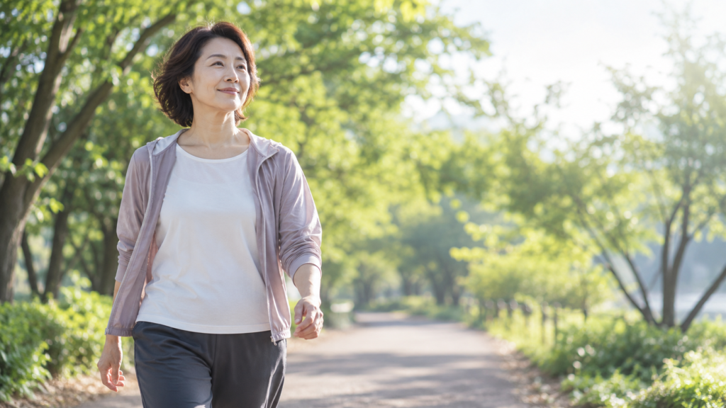 緑の多い遊歩道を自然な姿勢で歩き、日常の運動としてウォーキングを続ける女性