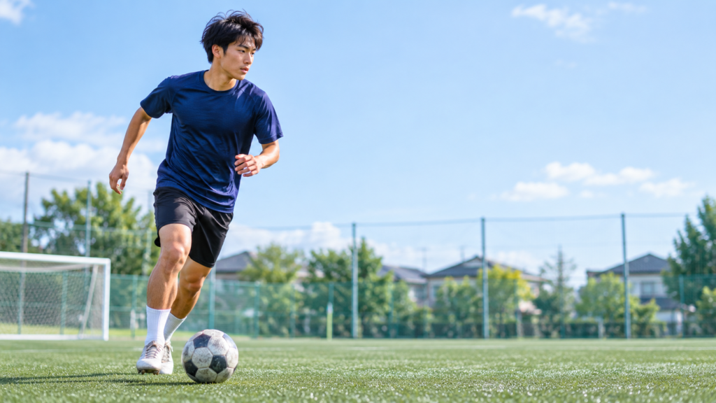 サッカーコートでボールを足元に置き、走りながらドリブル動作を行う男性