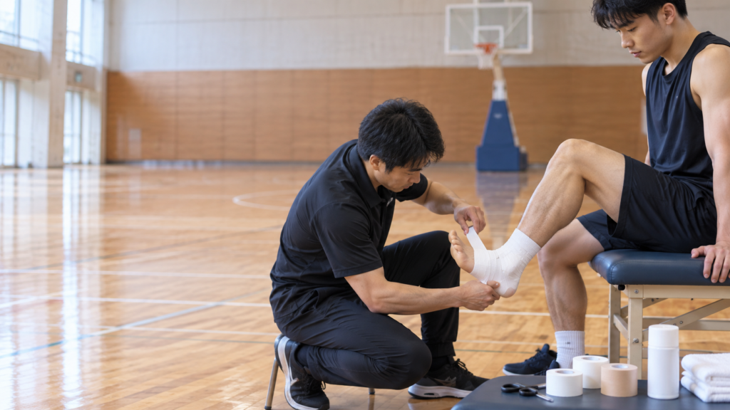 体育館のベンチで足首を約90度に保ち、白いテープを足部から足関節へ巻いて固定する場面